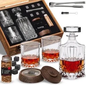 Whiskey Gift Set, 14 pcs - Whiskey Decanter   Wooden Smoker   Old Fashioned Glasses - 2 pcs, in Wooden Box with Wood Chips, Whiskey Stones 6 pcs Included - Gift for Men (Torch Not Included)