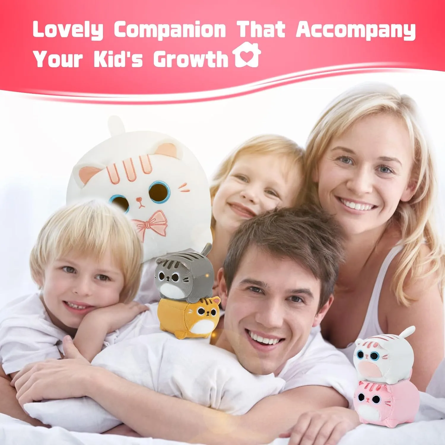 White Cat Plush, 5 PCS Cat Plush Stuffed Animal Family, 16" White Cat Mommy White Cat with 4 Baby Kittens Cat Plushies for Kids, Kawaii Cat Plush Toy Christmas Birthday Gifts for Kids Boys Girls