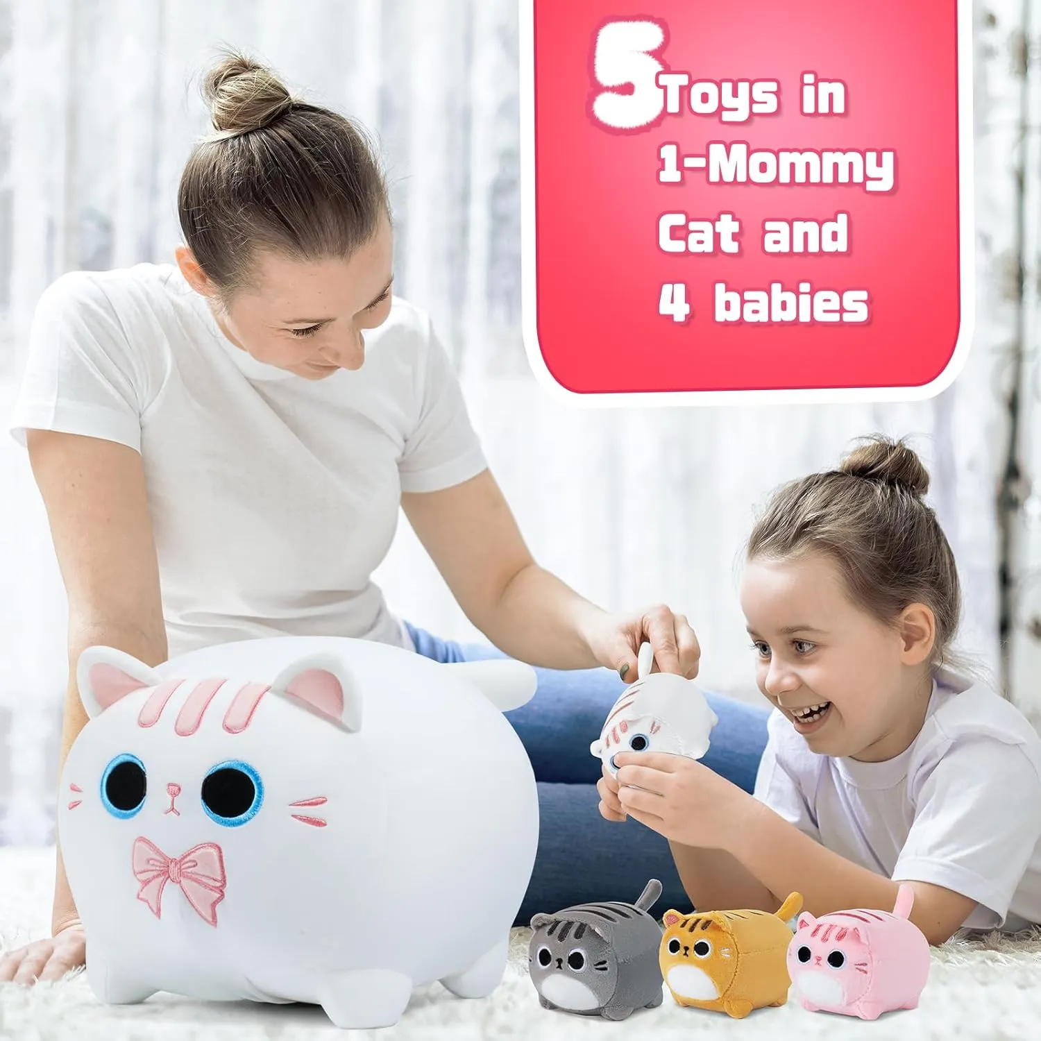 White Cat Plush, 5 PCS Cat Plush Stuffed Animal Family, 16" White Cat Mommy White Cat with 4 Baby Kittens Cat Plushies for Kids, Kawaii Cat Plush Toy Christmas Birthday Gifts for Kids Boys Girls