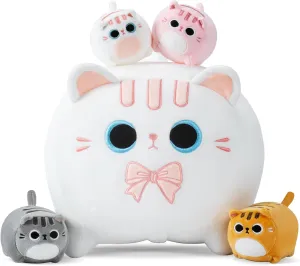 White Cat Plush, 5 PCS Cat Plush Stuffed Animal Family, 16" White Cat Mommy White Cat with 4 Baby Kittens Cat Plushies for Kids, Kawaii Cat Plush Toy Christmas Birthday Gifts for Kids Boys Girls