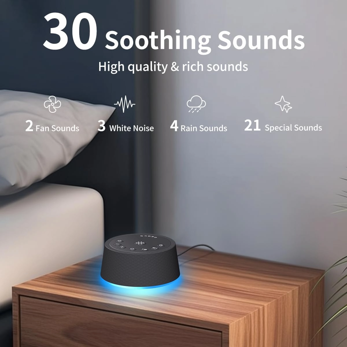 White Noise Sleep Sound Machines 30 Sounds 12 Colors Light 32-Level Volume 5 Timers for Home Travel Gift Adjustable Brightness Memory Function Compact