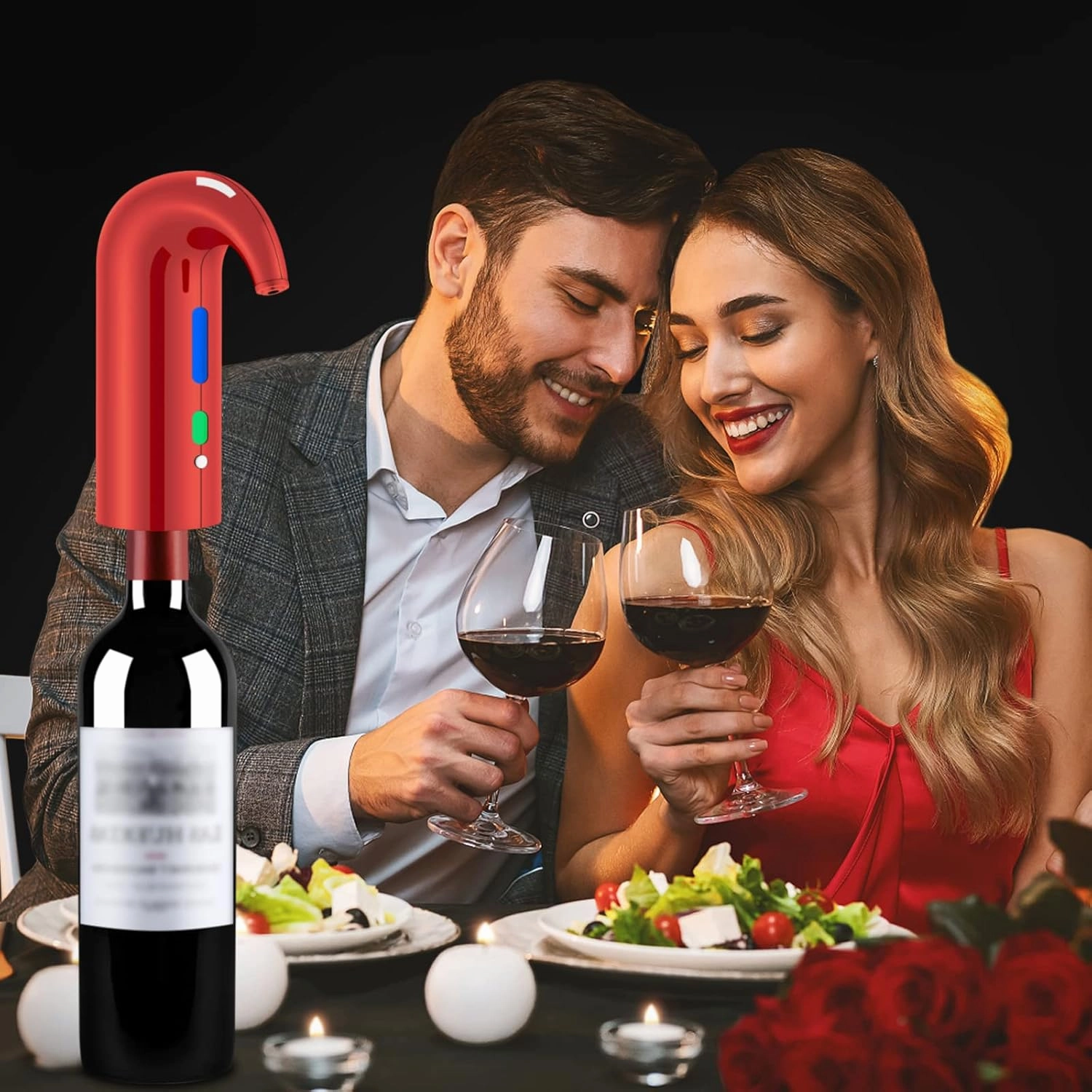 Wine Bottle Opener Day Gift Set with Electric Wine Opener, Wine Decanter&Wine Aerator and Pourer, wine stopper, Foil Cutter and EVA Storage Bag, Rechargeable and Automatic-(Christmas Red)