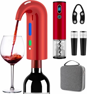 Wine Bottle Opener Day Gift Set with Electric Wine Opener, Wine Decanter&Wine Aerator and Pourer, wine stopper, Foil Cutter and EVA Storage Bag, Rechargeable and Automatic-(Christmas Red)