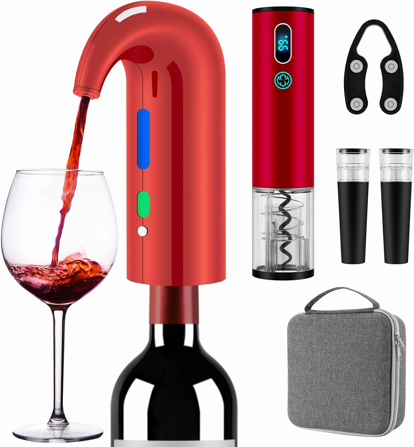 Wine Bottle Opener Day Gift Set with Electric Wine Opener, Wine Decanter&Wine Aerator and Pourer, wine stopper, Foil Cutter and EVA Storage Bag, Rechargeable and Automatic-(Christmas Red)