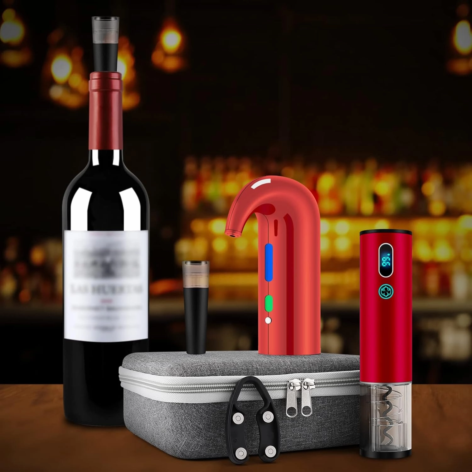Wine Bottle Opener Day Gift Set with Electric Wine Opener, Wine Decanter&Wine Aerator and Pourer, wine stopper, Foil Cutter and EVA Storage Bag, Rechargeable and Automatic-(Christmas Red)