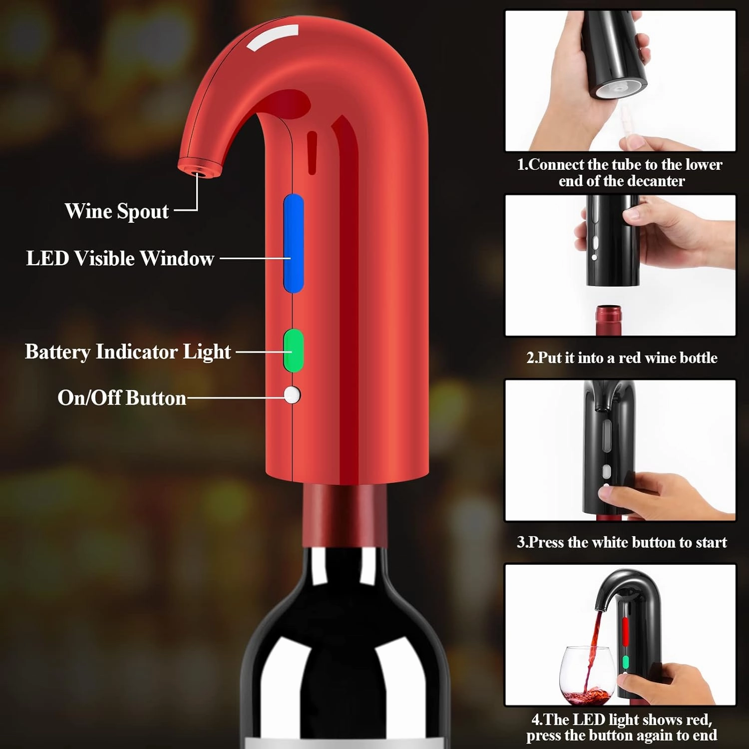 Wine Bottle Opener Day Gift Set with Electric Wine Opener, Wine Decanter&Wine Aerator and Pourer, wine stopper, Foil Cutter and EVA Storage Bag, Rechargeable and Automatic-(Christmas Red)