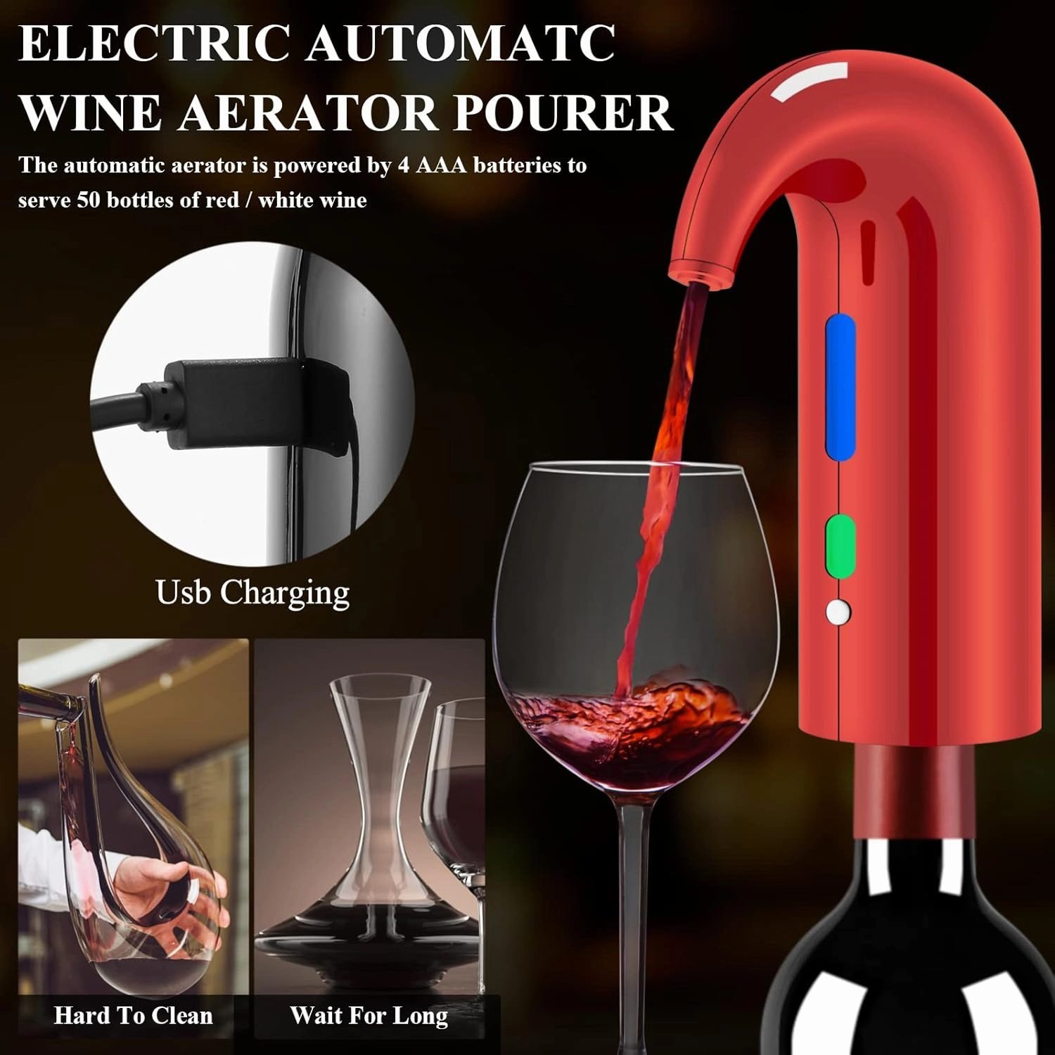 Wine Bottle Opener Day Gift Set with Electric Wine Opener, Wine Decanter&Wine Aerator and Pourer, wine stopper, Foil Cutter and EVA Storage Bag, Rechargeable and Automatic-(Christmas Red)