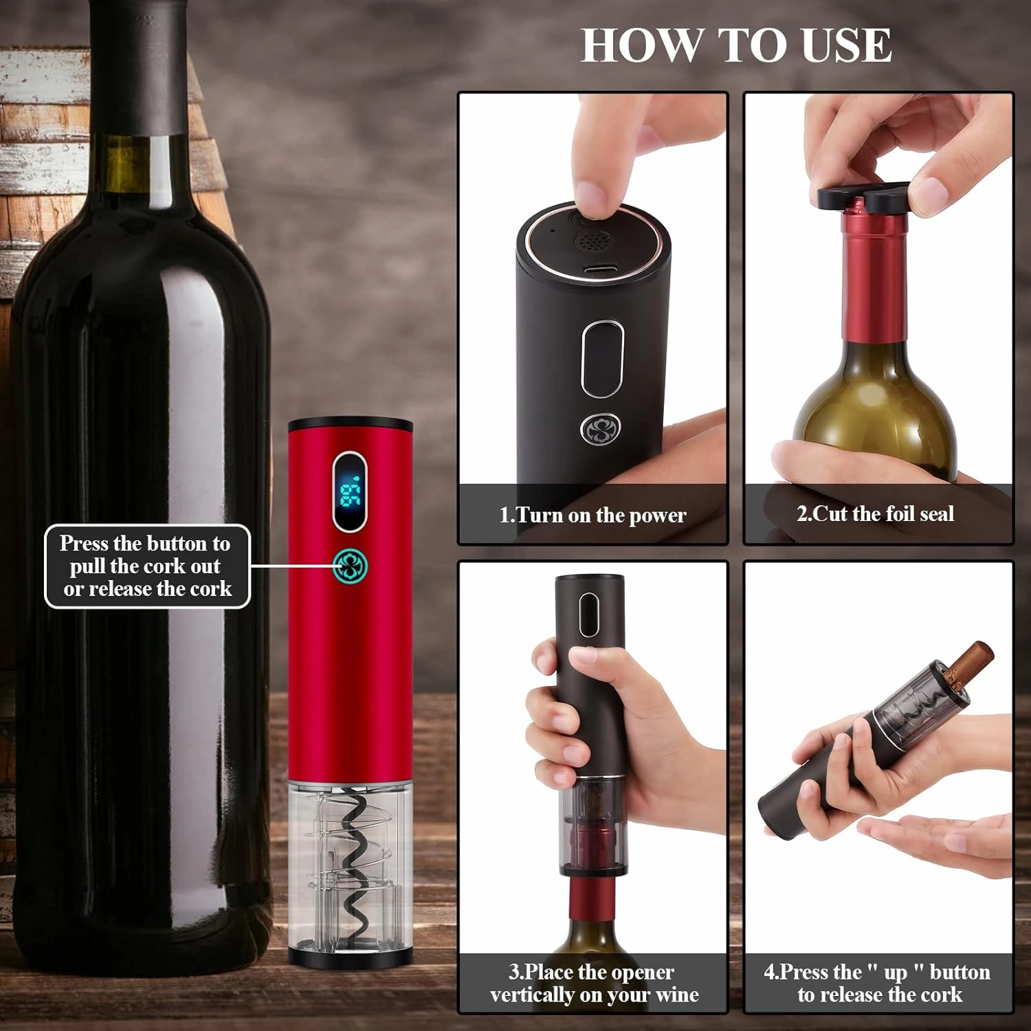 Wine Bottle Opener Day Gift Set with Electric Wine Opener, Wine Decanter&Wine Aerator and Pourer, wine stopper, Foil Cutter and EVA Storage Bag, Rechargeable and Automatic-(Christmas Red)