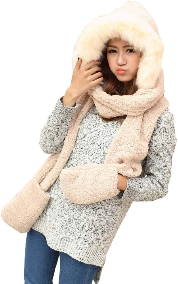 Winter Warm Women Hoodie Hat/Scarf/Gloves Set Soft Plush Thick Warm Hat