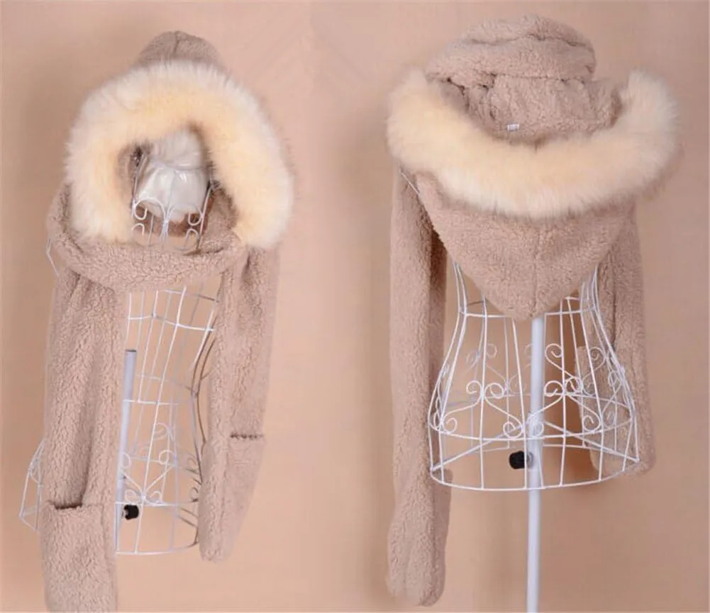 Winter Warm Women Hoodie Hat/Scarf/Gloves Set Soft Plush Thick Warm Hat