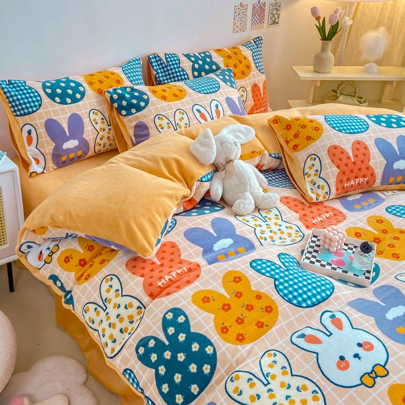 Winter duvet cover- Thickened Milk Fleece Bed Four-piece Coral Flannel Duvet Cover