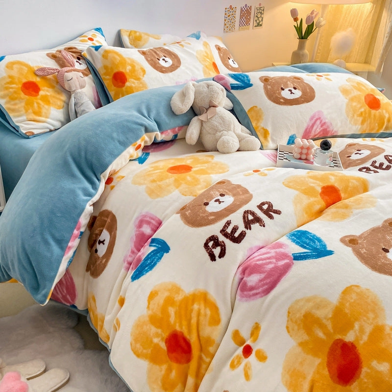 Winter duvet cover- Thickened Milk Fleece Bed Four-piece Coral Flannel Duvet Cover