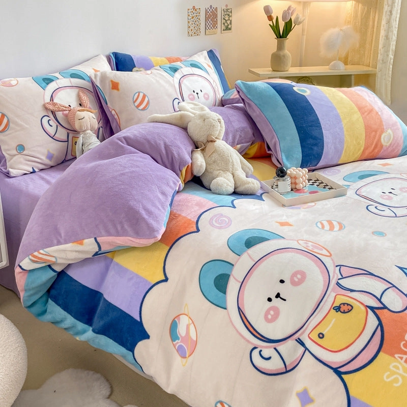 Winter duvet cover- Thickened Milk Fleece Bed Four-piece Coral Flannel Duvet Cover
