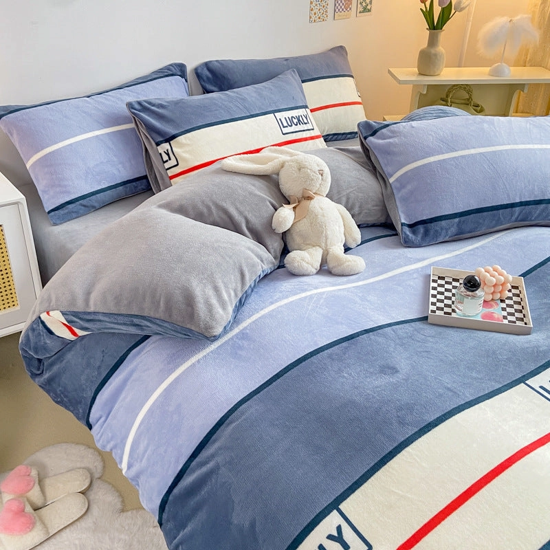 Winter duvet cover- Thickened Milk Fleece Bed Four-piece Coral Flannel Duvet Cover