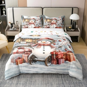 Winter Snowman Bedding Set Jungle Cabin Jungle Pine Trees 100% Cotton Duvet Cover for Kids Teens Adults New Year Christmas Rustic Style Quilt Cover,2 Pillowcases(No Comforter) Full Size 3 Pcs