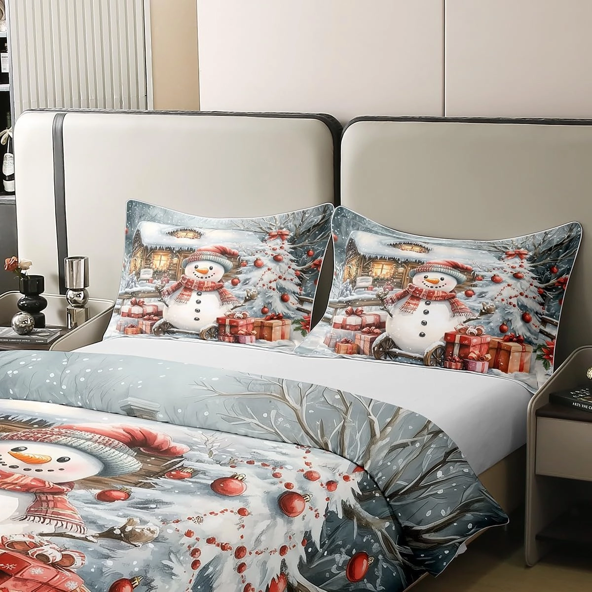 Winter Snowman Bedding Set Jungle Cabin Jungle Pine Trees 100% Cotton Duvet Cover for Kids Teens Adults New Year Christmas Rustic Style Quilt Cover,2 Pillowcases(No Comforter) Full Size 3 Pcs