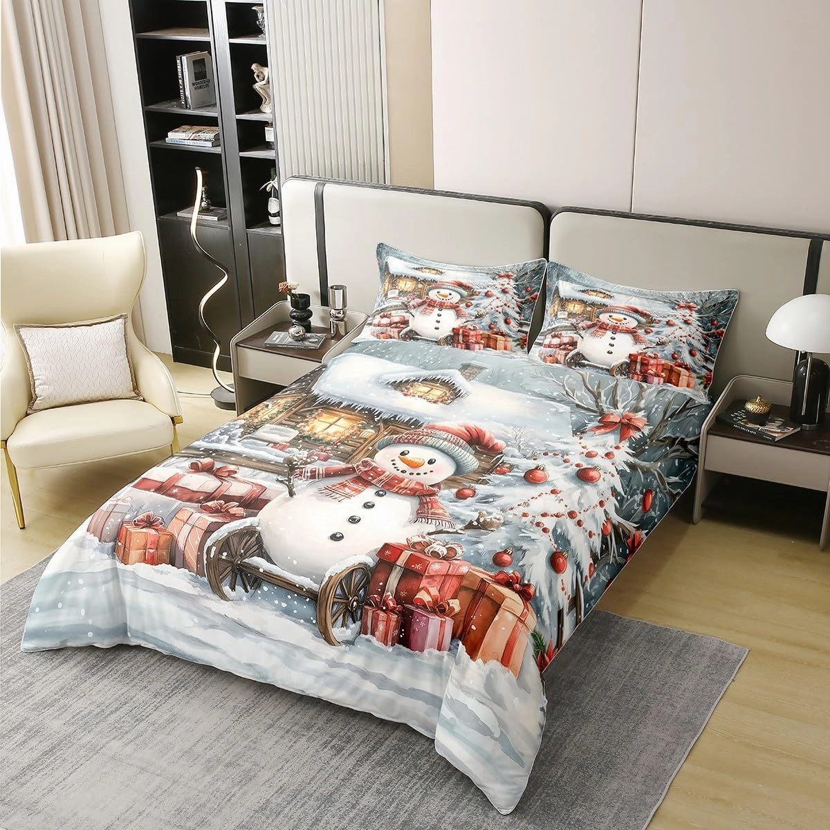 Winter Snowman Bedding Set Jungle Cabin Jungle Pine Trees 100% Cotton Duvet Cover for Kids Teens Adults New Year Christmas Rustic Style Quilt Cover,2 Pillowcases(No Comforter) Full Size 3 Pcs