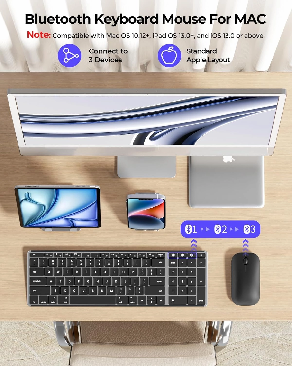 Wireless Bluetooth Keyboard and Mouse for Mac, Multi-Device Rechargeable Slim Keyboard and Mouse Stainless Steel Full Size, Compatible with MacBook Pro/Air, iPad, iMac - Space Gray