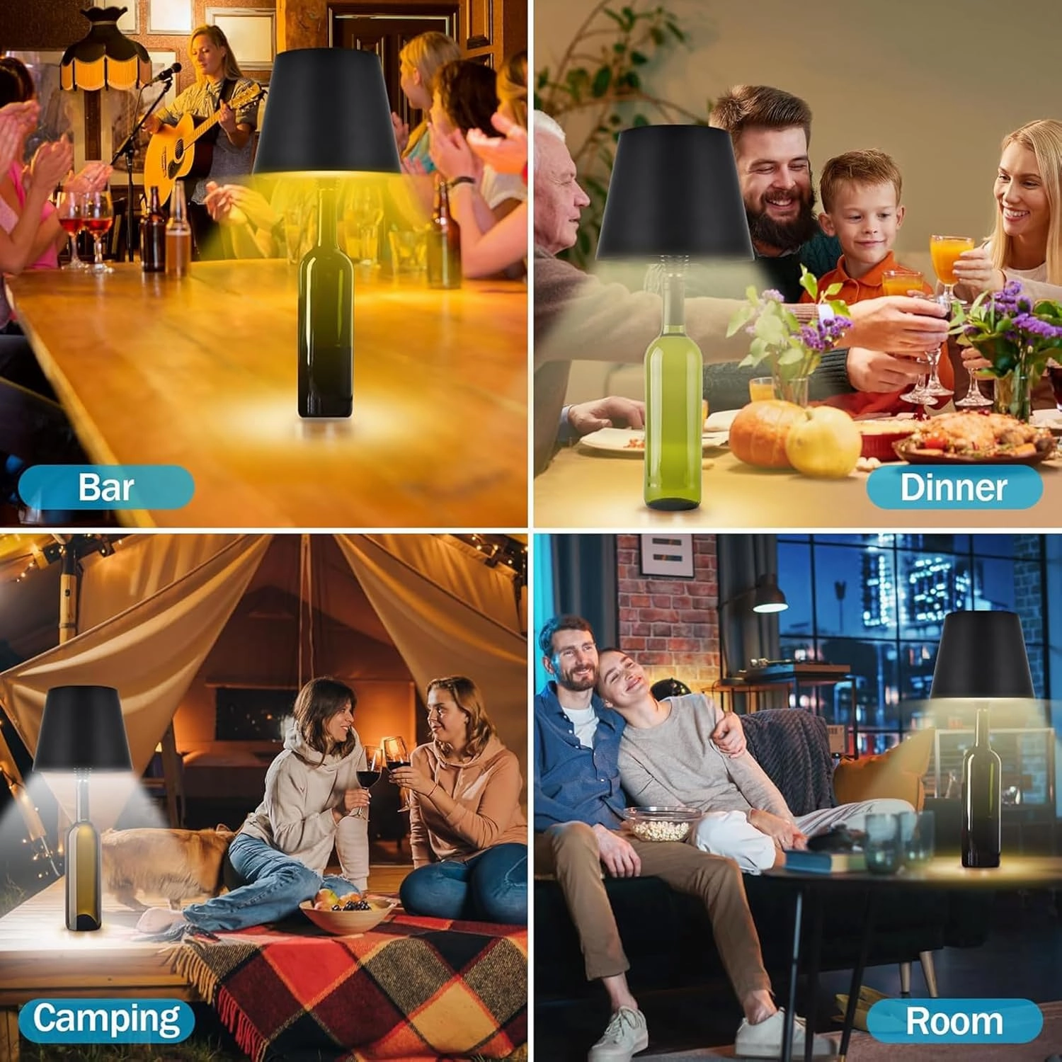 Wireless Bottle Lamp, Portable LED Wireless Bottle Lamp with 3 Modes Light Dimming, Rechargeable Wine Bottle Light Head, Touch Table Lamp for Bedroom, Birthday Christmas Gifts (Black-A)