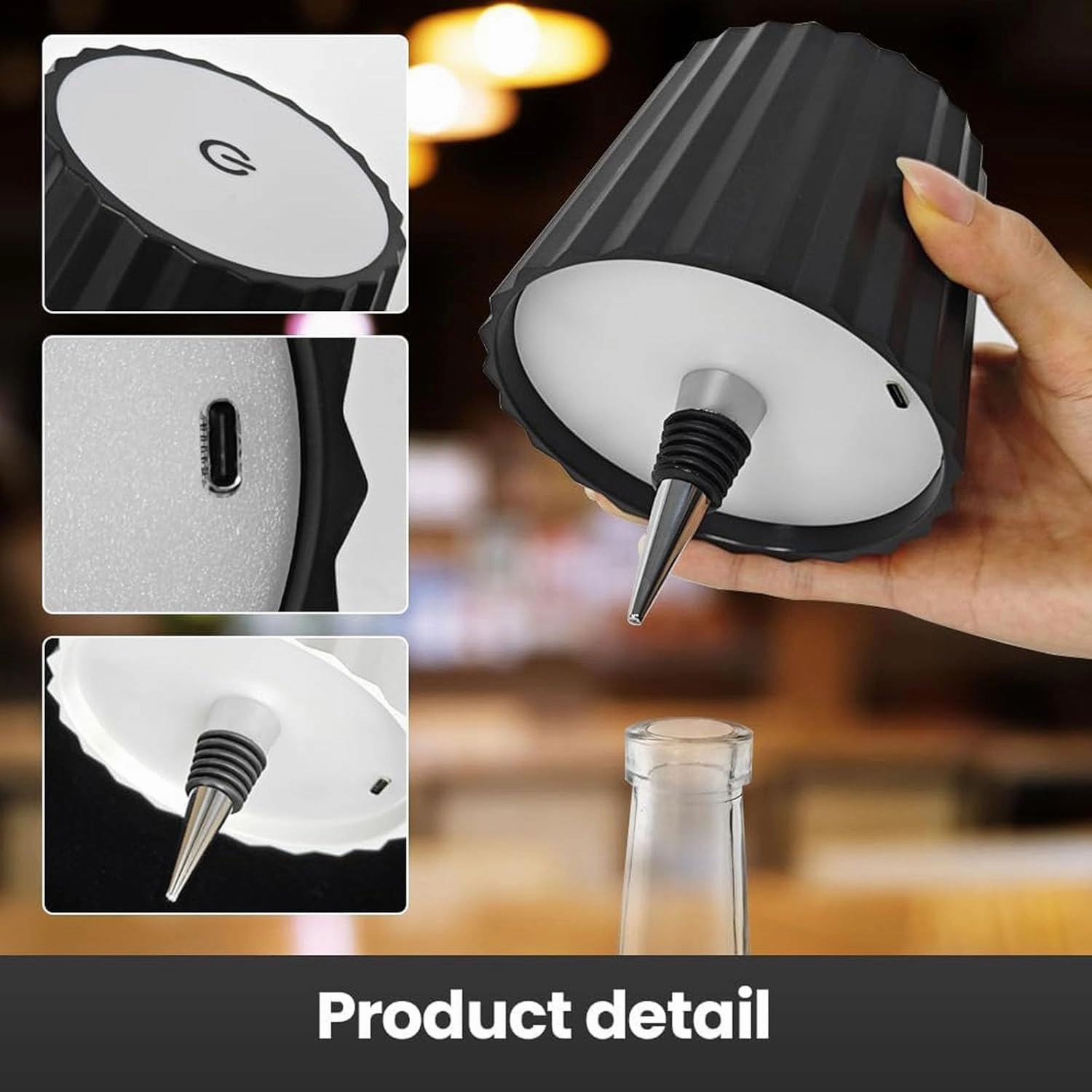 Wireless Bottle Lamp, Portable LED Wireless Bottle Lamp with 3 Modes Light Dimming, Rechargeable Wine Bottle Light Head, Touch Table Lamp for Bedroom, Birthday Christmas Gifts (Black-A)