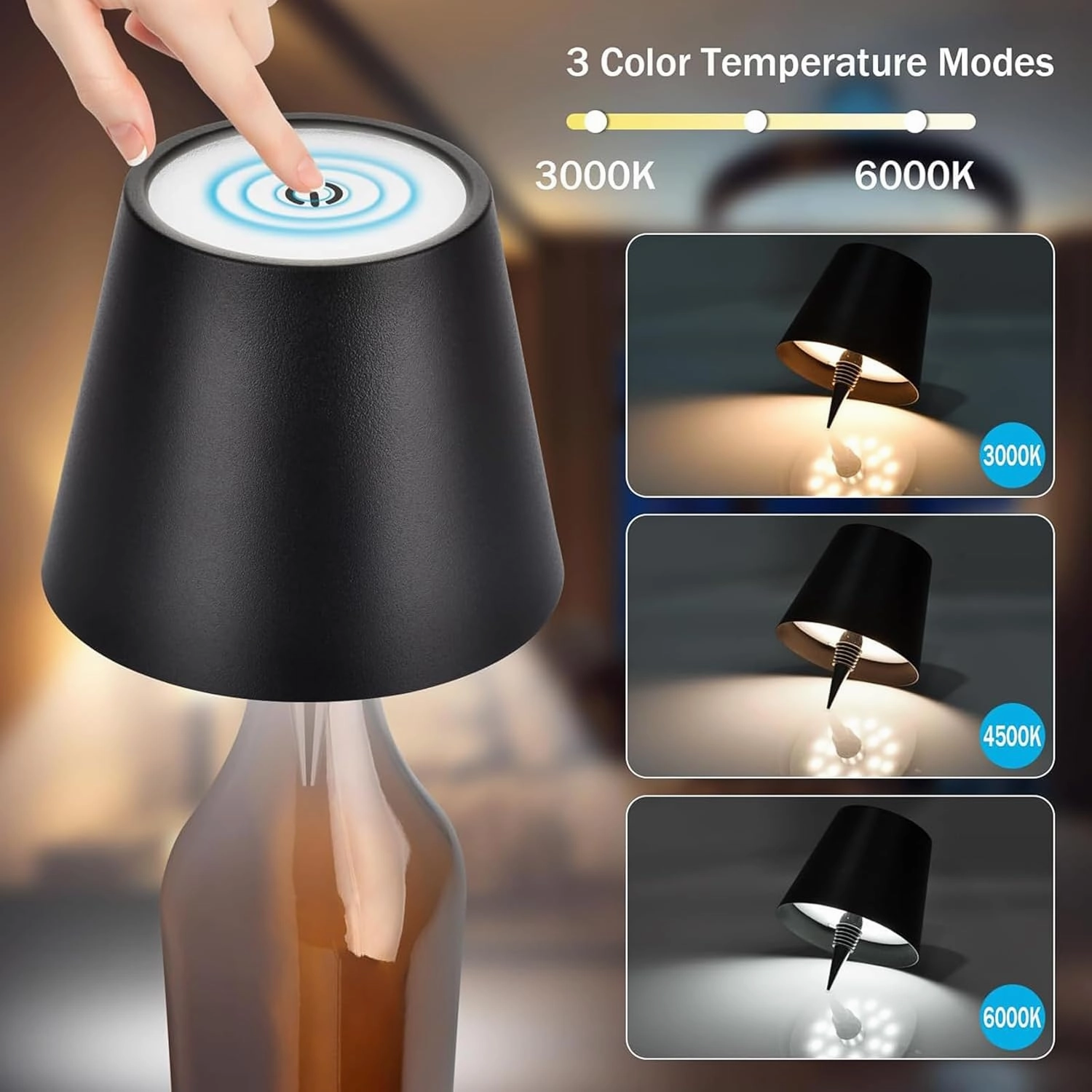 Wireless Bottle Lamp, Portable LED Wireless Bottle Lamp with 3 Modes Light Dimming, Rechargeable Wine Bottle Light Head, Touch Table Lamp for Bedroom, Birthday Christmas Gifts (Black-A)