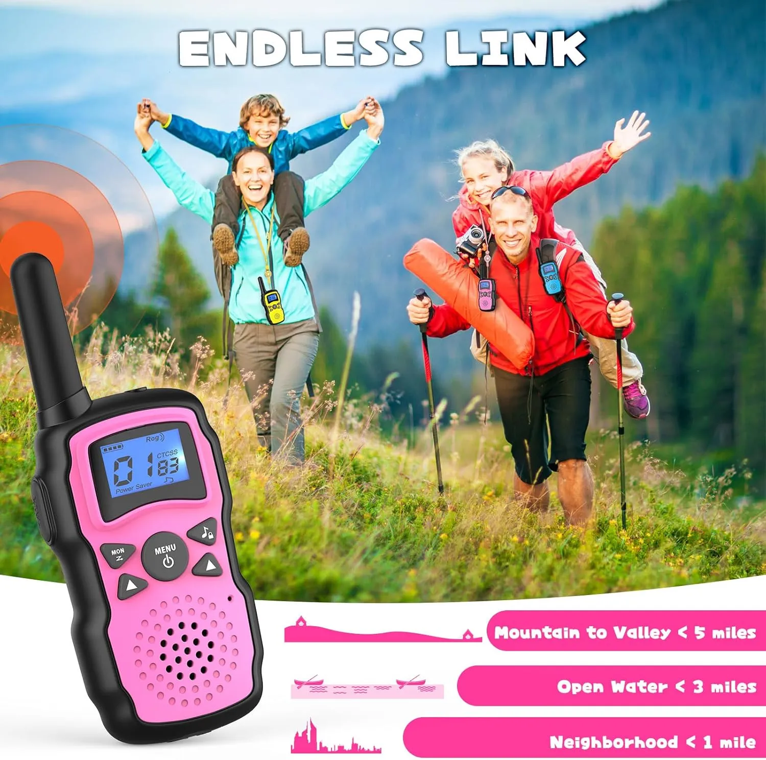 Wishouse Walkie Talkies for Kids Rechargeable Long Range,4 5 6 7 8 Year Old Boy Girl Birthday Gift,Camping Games Cool Toys Ideas for Children with 6000mAh Batteries,Flashlight,Lanyard,2 Pack Pink Blue