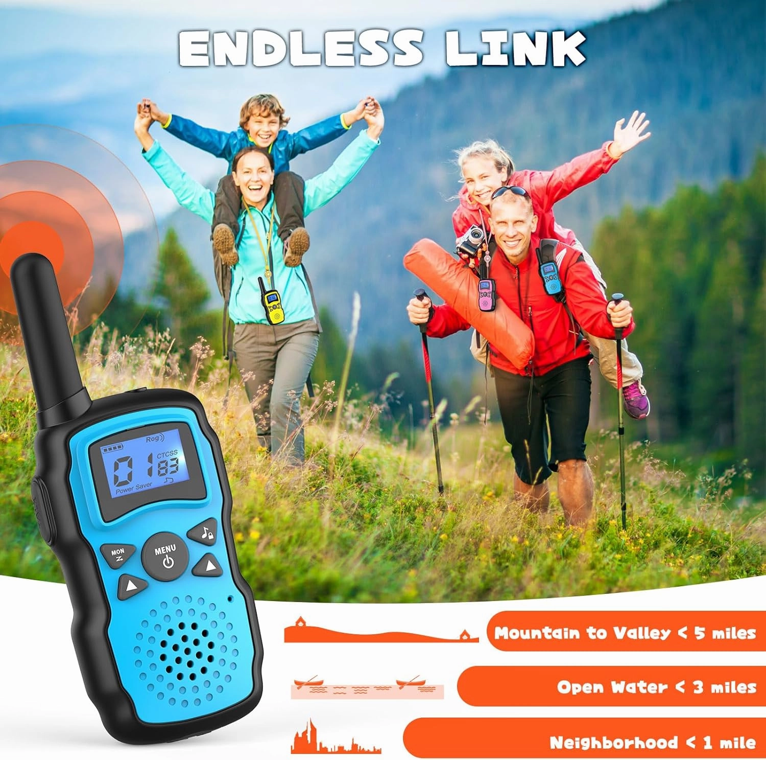Wishouse Walkie Talkies for Kids Rechargeable with USB Charger 6000mAh Battery,Outdoor Camping Games with Flashlight Lanyard,Toys for Girls,Halloween Xmas Birthday Gift for Children 2 Pack Blue