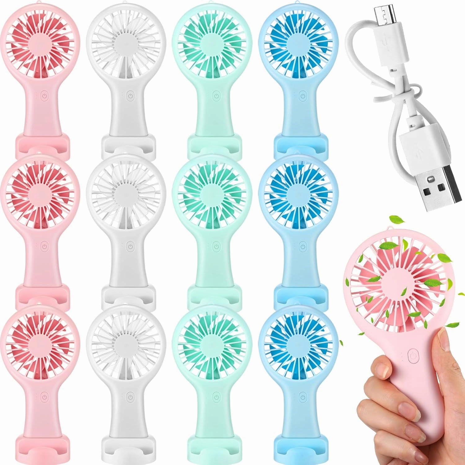 Woanger 12 Pcs Mini Handheld Fan Bulk 3 Speed USB Electric Battery Operated Small Portable Pocket Fan with Data Cable and Mounting Base Quiet Summer Gift for Wedding Camping Travel(Vibrant Colors)