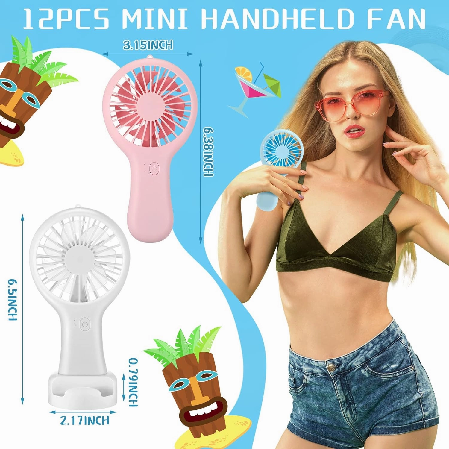 Woanger 12 Pcs Mini Handheld Fan Bulk 3 Speed USB Electric Battery Operated Small Portable Pocket Fan with Data Cable and Mounting Base Quiet Summer Gift for Wedding Camping Travel(Vibrant Colors)