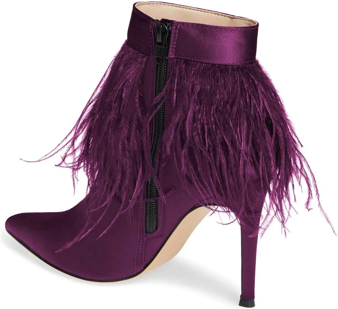 Women Fluffy Feather Tassel Ankle Boots Pointed Toe Stiletto High Heels Prom Dress Booties Size 4-15 US