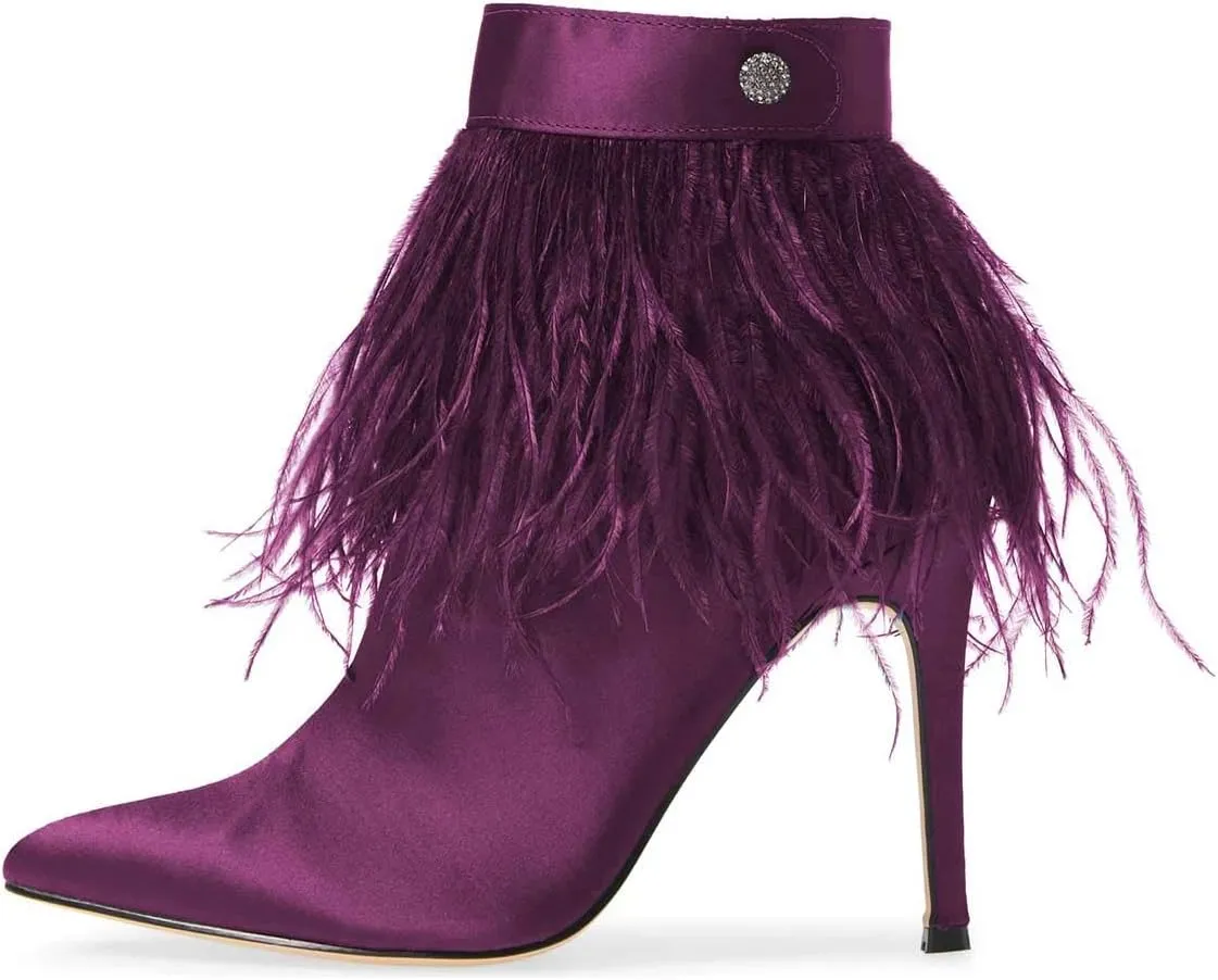 Women Fluffy Feather Tassel Ankle Boots Pointed Toe Stiletto High Heels Prom Dress Booties Size 4-15 US