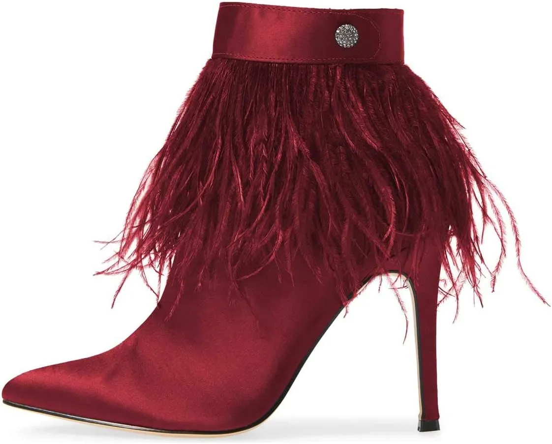 Women Fluffy Feather Tassel Ankle Boots Pointed Toe Stiletto High Heels Prom Dress Booties Size 4-15 US
