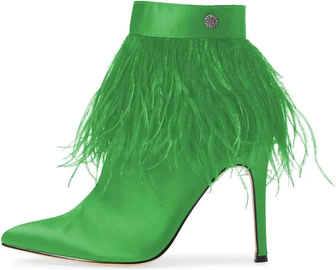 Women Fluffy Feather Tassel Ankle Boots Pointed Toe Stiletto High Heels Prom Dress Booties Size 4-15 US