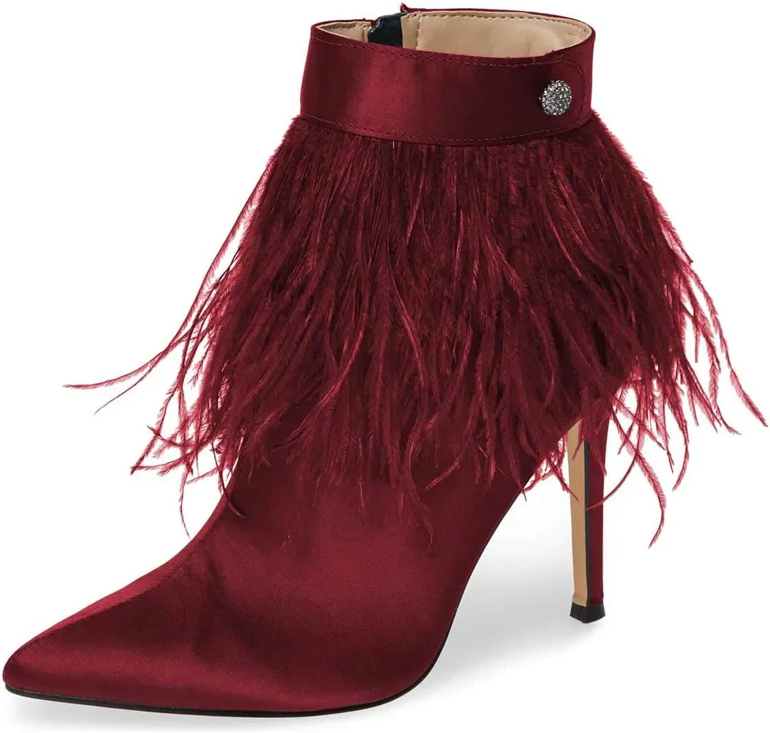 Women Fluffy Feather Tassel Ankle Boots Pointed Toe Stiletto High Heels Prom Dress Booties Size 4-15 US