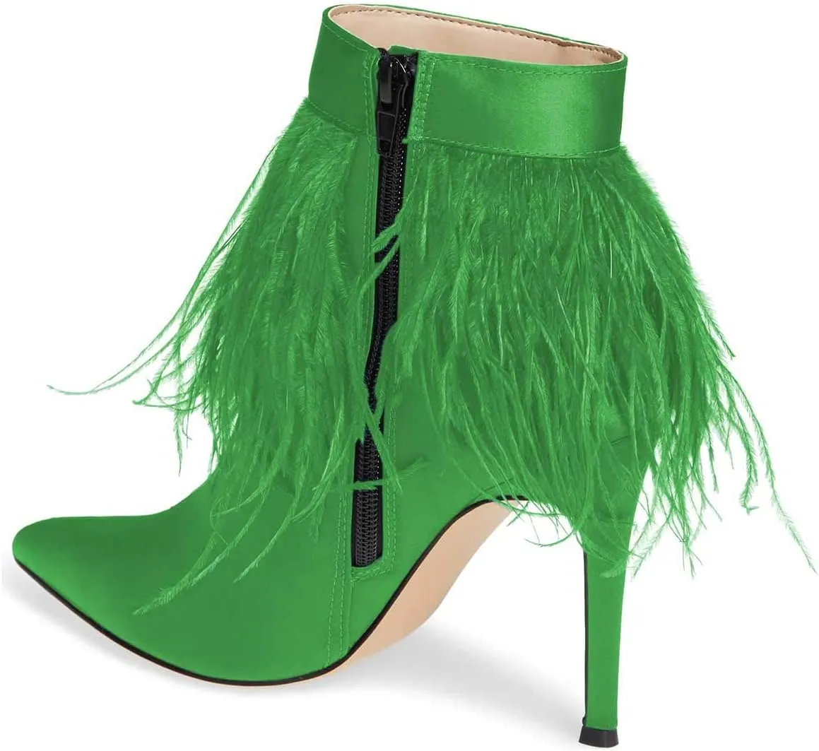 Women Fluffy Feather Tassel Ankle Boots Pointed Toe Stiletto High Heels Prom Dress Booties Size 4-15 US