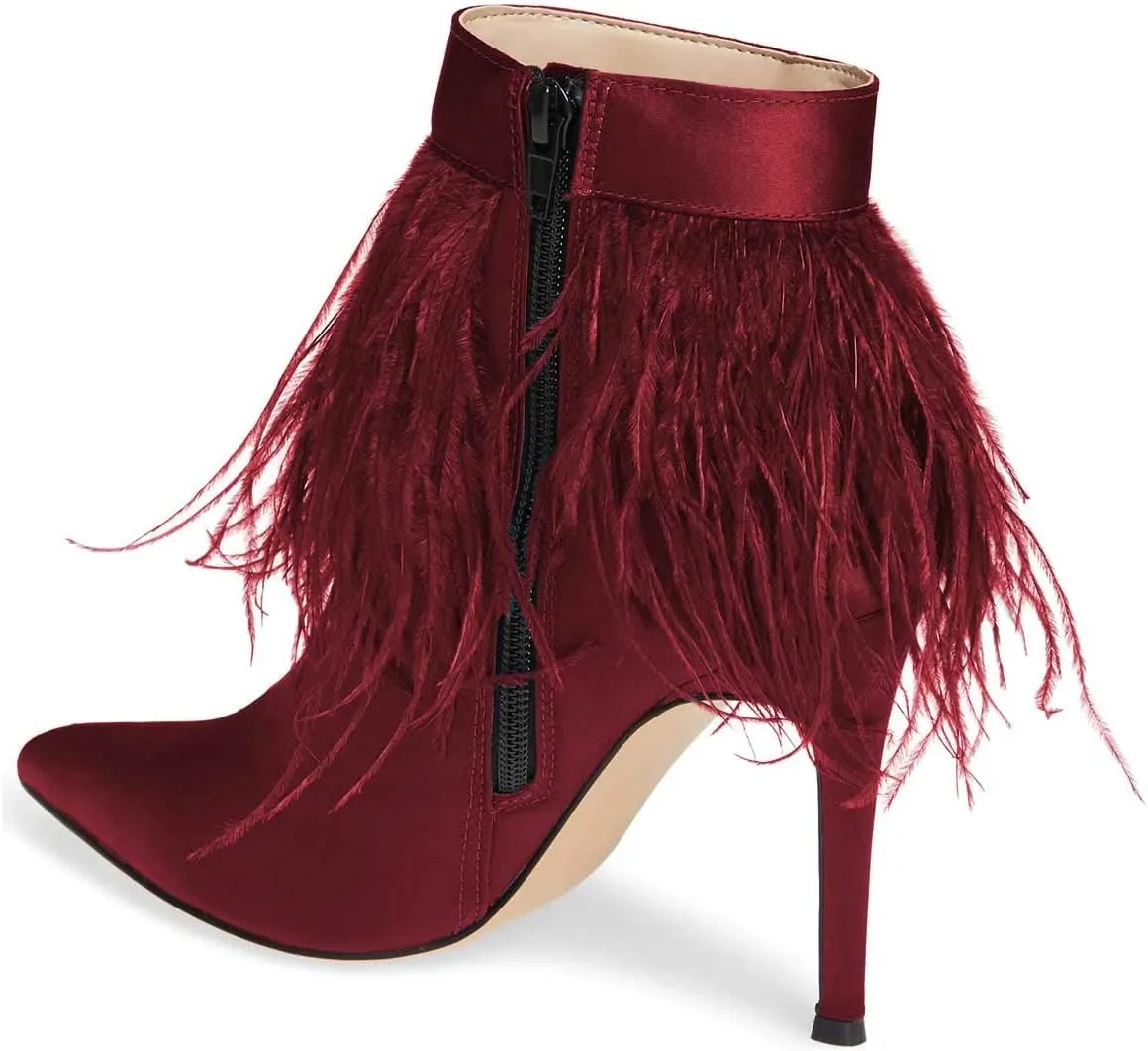 Women Fluffy Feather Tassel Ankle Boots Pointed Toe Stiletto High Heels Prom Dress Booties Size 4-15 US