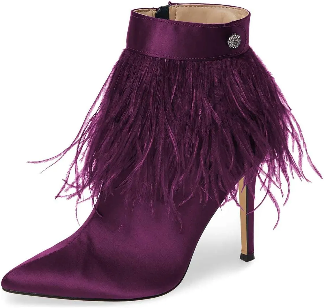 Women Fluffy Feather Tassel Ankle Boots Pointed Toe Stiletto High Heels Prom Dress Booties Size 4-15 US
