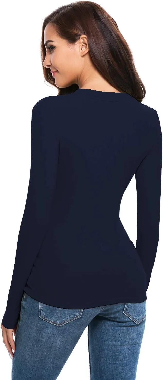 Women Long Sleeve Crew Neck/Scoop V Neck Rayon Slim Fit Stretchy Layer T Shirts Tops