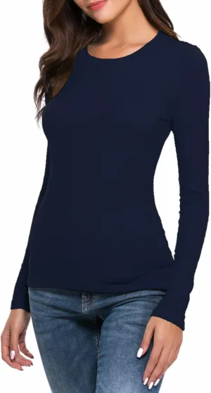 Women Long Sleeve Crew Neck/Scoop V Neck Rayon Slim Fit Stretchy Layer T Shirts Tops