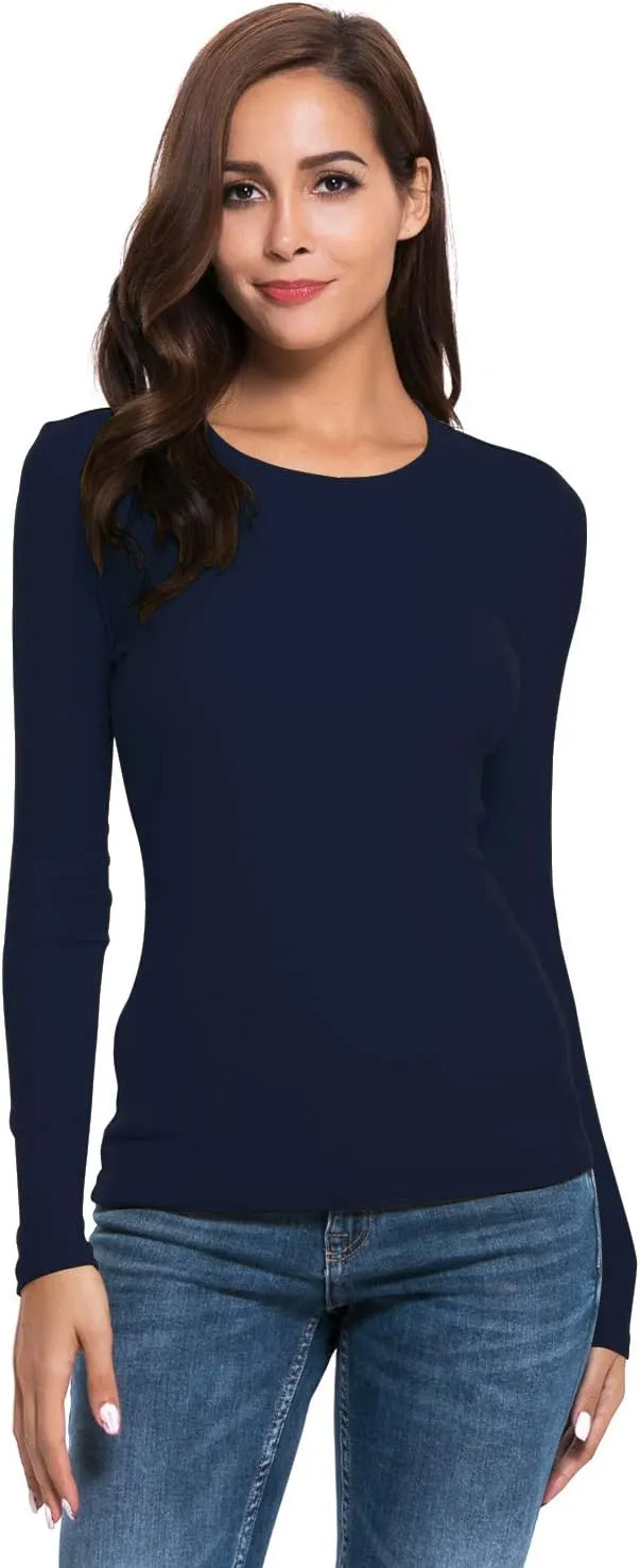 Women Long Sleeve Crew Neck/Scoop V Neck Rayon Slim Fit Stretchy Layer T Shirts Tops