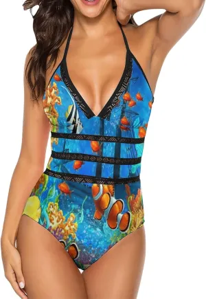 Women One-Piece Halter Bikini Padded Swimwear Tie Side Triangle Bathing Suit