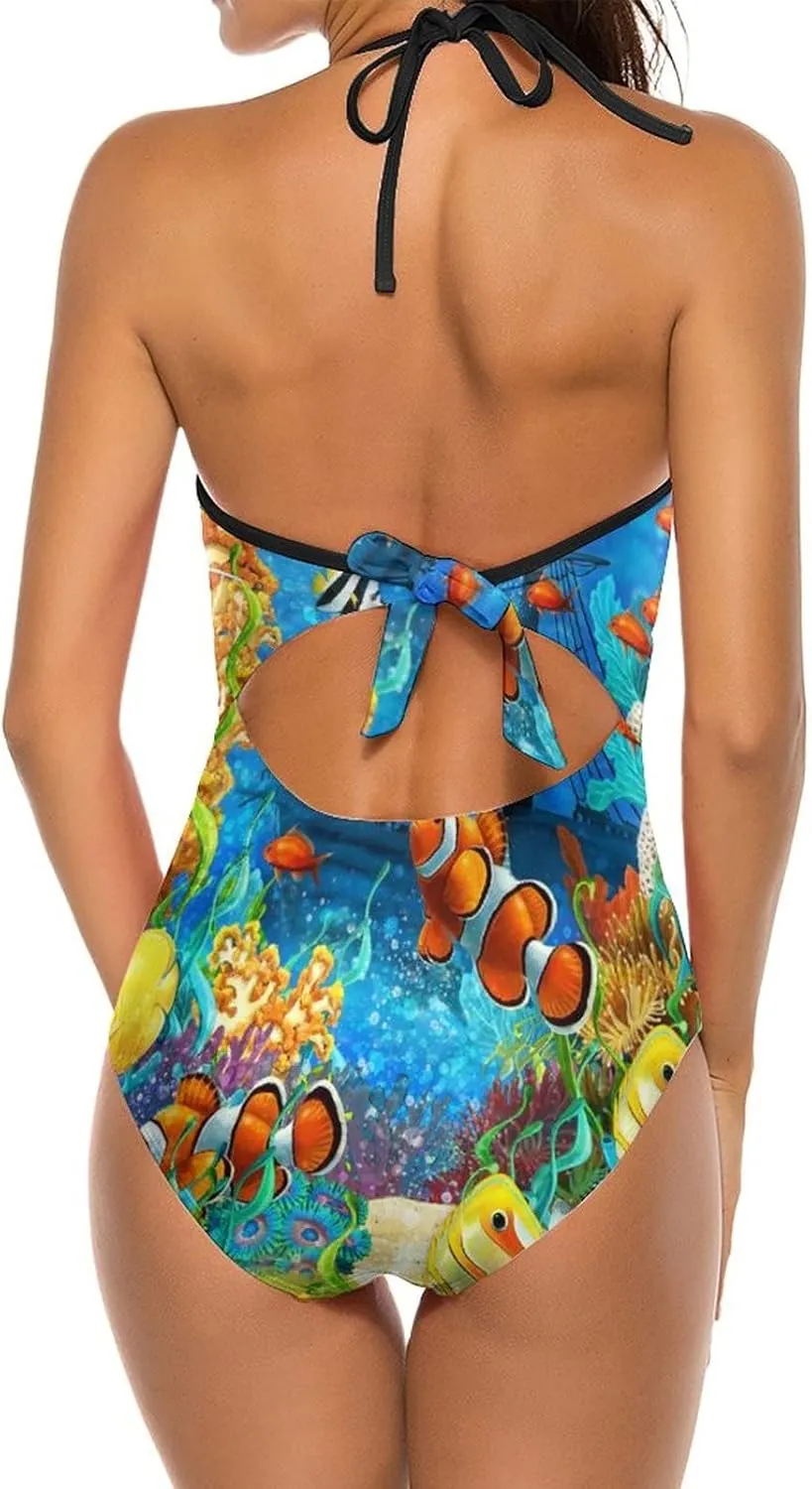 Women One-Piece Halter Bikini Padded Swimwear Tie Side Triangle Bathing Suit