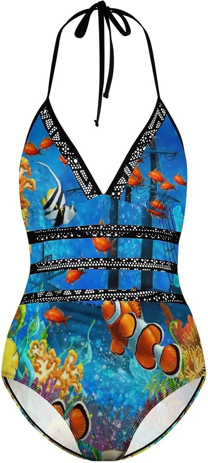 Women One-Piece Halter Bikini Padded Swimwear Tie Side Triangle Bathing Suit