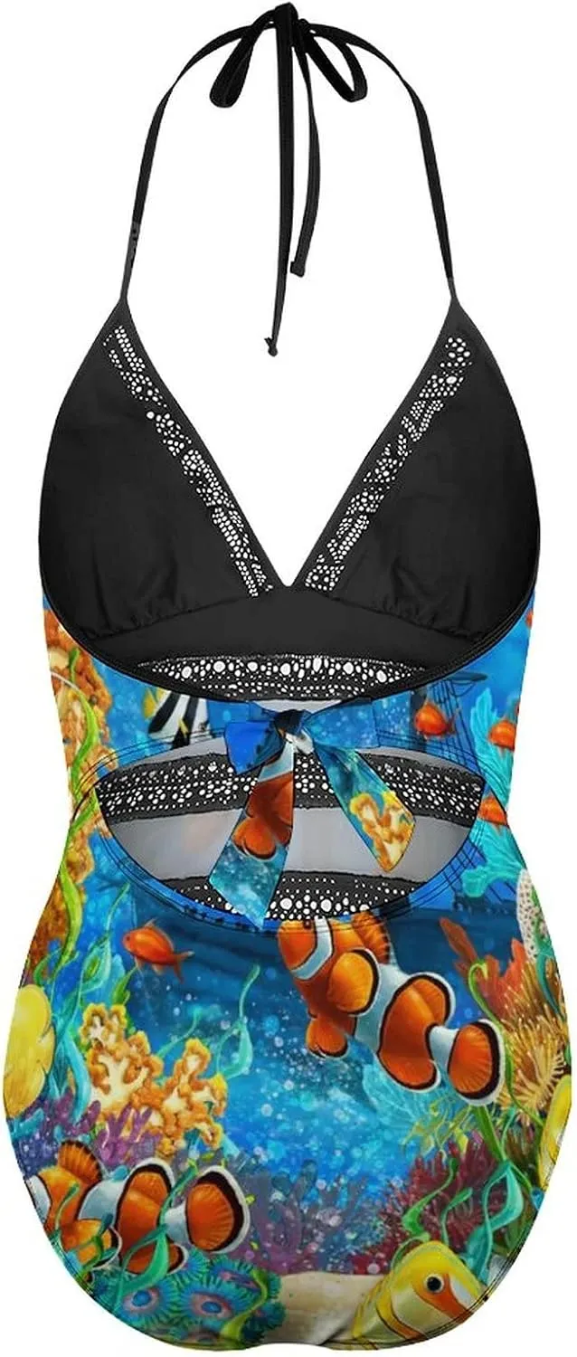 Women One-Piece Halter Bikini Padded Swimwear Tie Side Triangle Bathing Suit