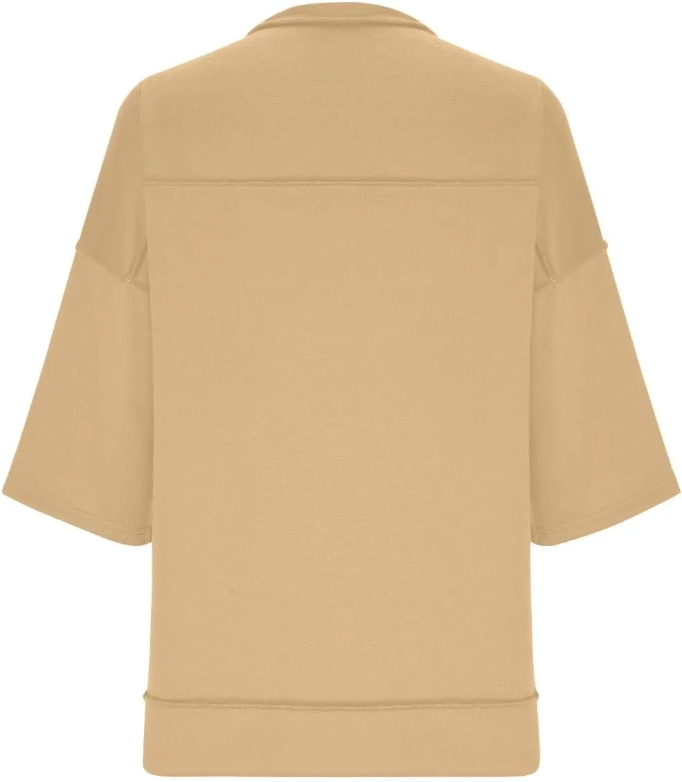 Women Oversized Button Up 3/4 Sleeve Shirts Blouses Simple Solid Color Pullover Tops Crewneck Fashion Shirt