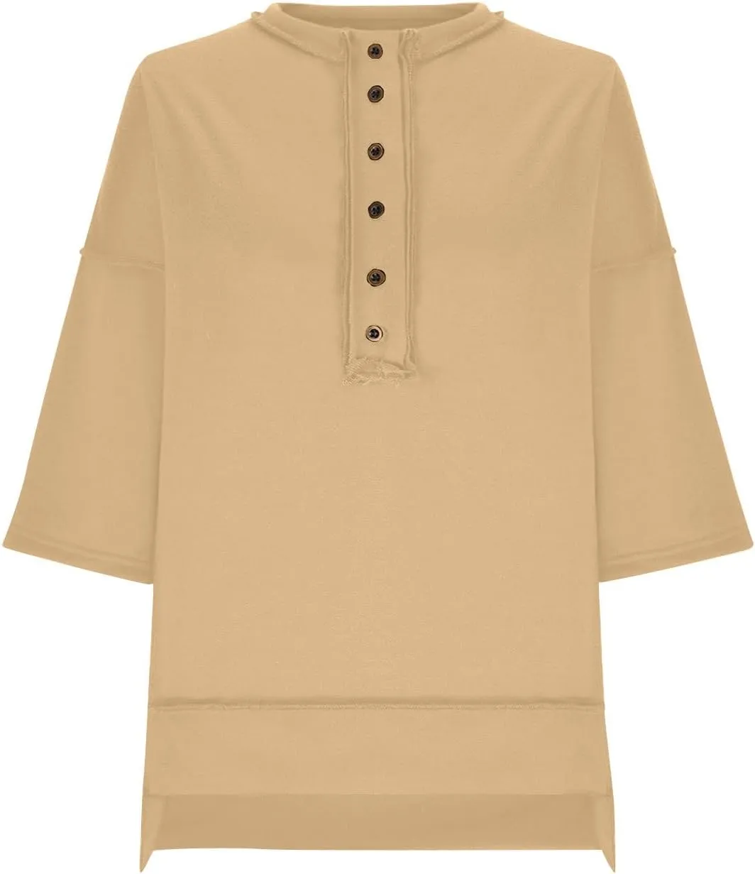 Women Oversized Button Up 3/4 Sleeve Shirts Blouses Simple Solid Color Pullover Tops Crewneck Fashion Shirt