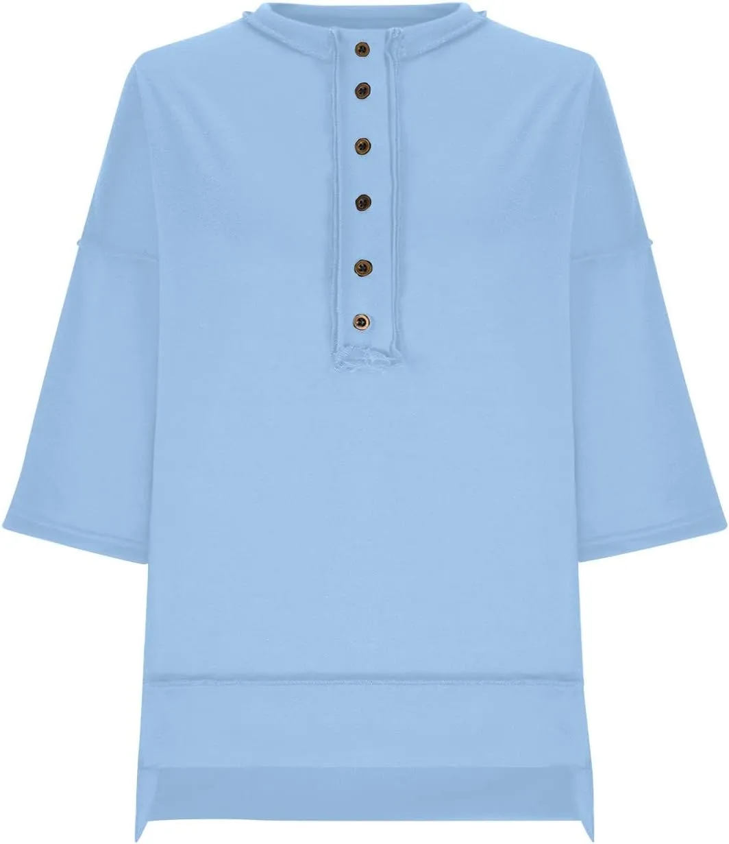 Women Oversized Button Up 3/4 Sleeve Shirts Blouses Simple Solid Color Pullover Tops Crewneck Fashion Shirt