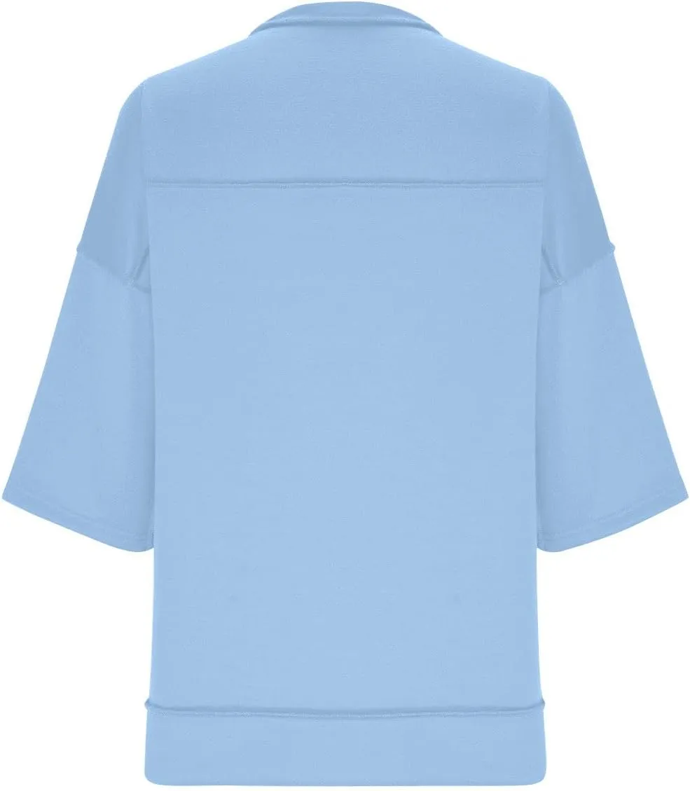 Women Oversized Button Up 3/4 Sleeve Shirts Blouses Simple Solid Color Pullover Tops Crewneck Fashion Shirt