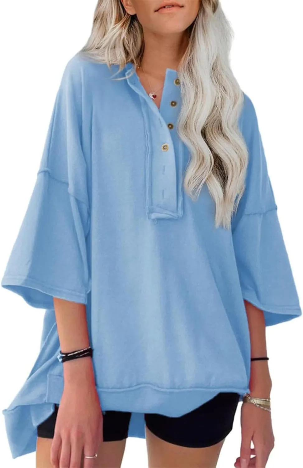 Women Oversized Button Up 3/4 Sleeve Shirts Blouses Simple Solid Color Pullover Tops Crewneck Fashion Shirt