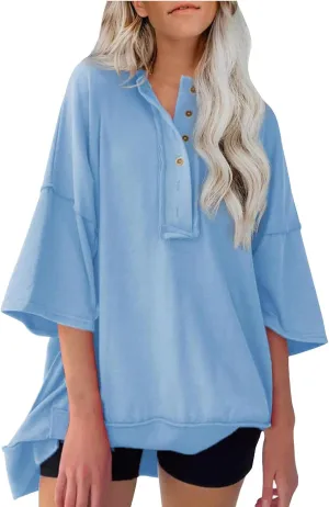 Women Oversized Button Up 3/4 Sleeve Shirts Blouses Simple Solid Color Pullover Tops Crewneck Fashion Shirt